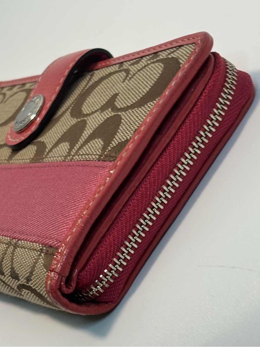COACH ($229) Legacy Signature Zip-Around Wallet in Tan Canvas with Berry Accents - Picture 4 of 14
